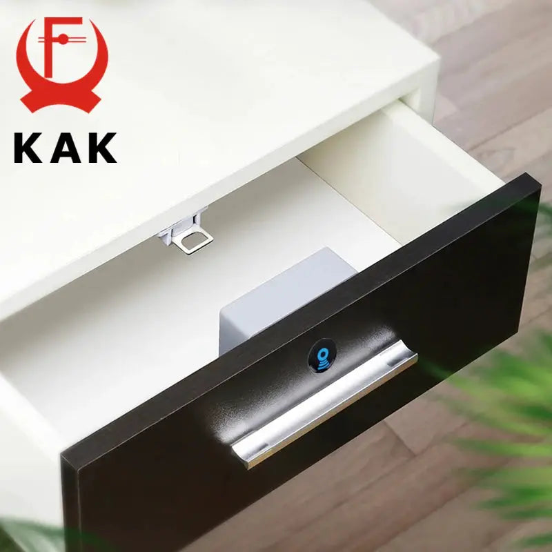 KAK electronic RFID cabinet lock on black drawer front with blue sensor indicator