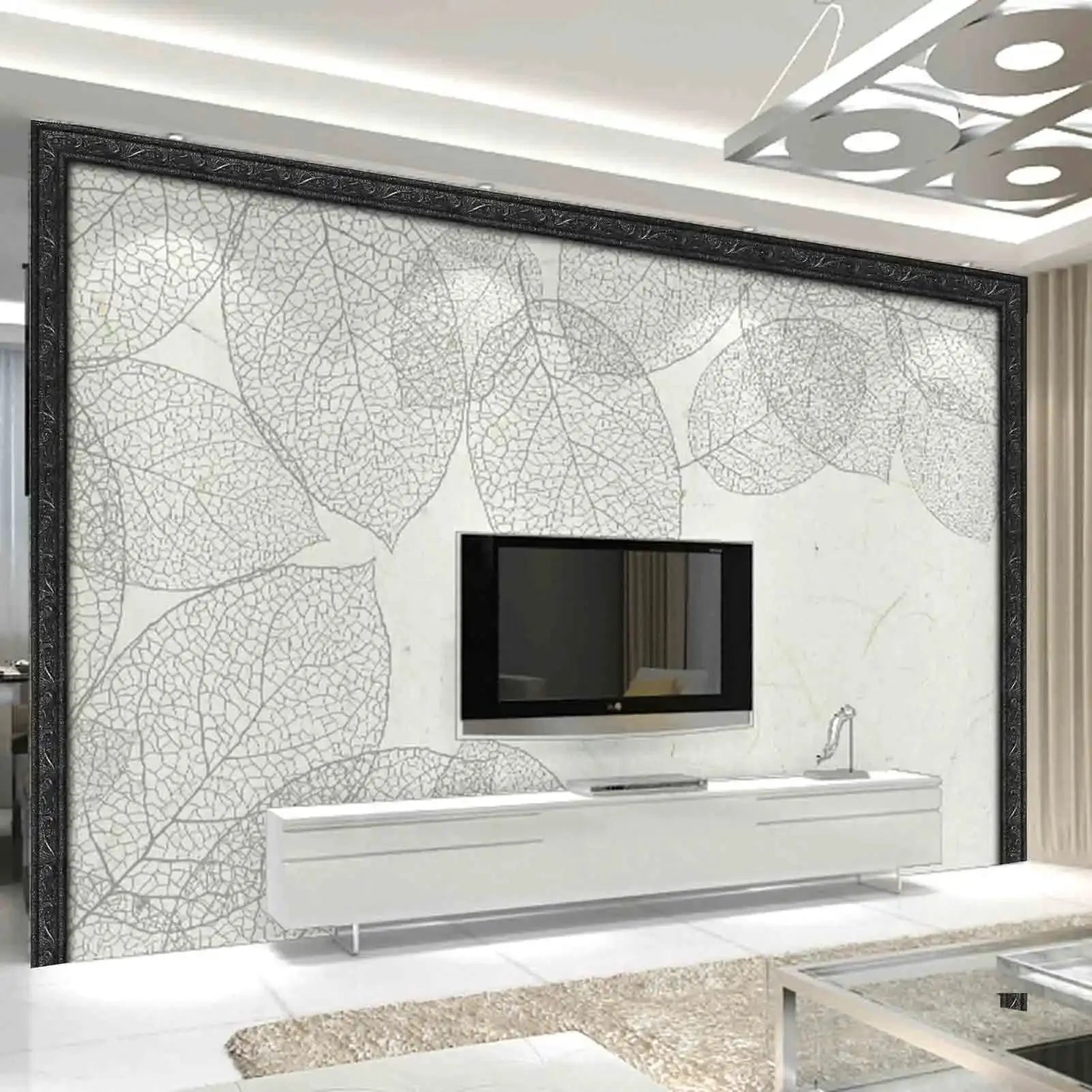 Self-adhesive wall border strip 230x4 cm by Simples Market, black ornate border framing leaf-pattern wallpaper