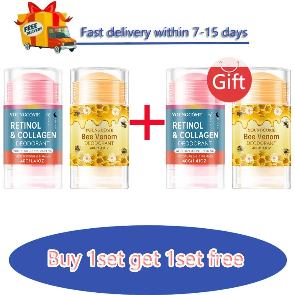 YOUNGCOME deodorant set for women; blue Retinol & Collagen and yellow Bee Venom bottles, 4-pack.