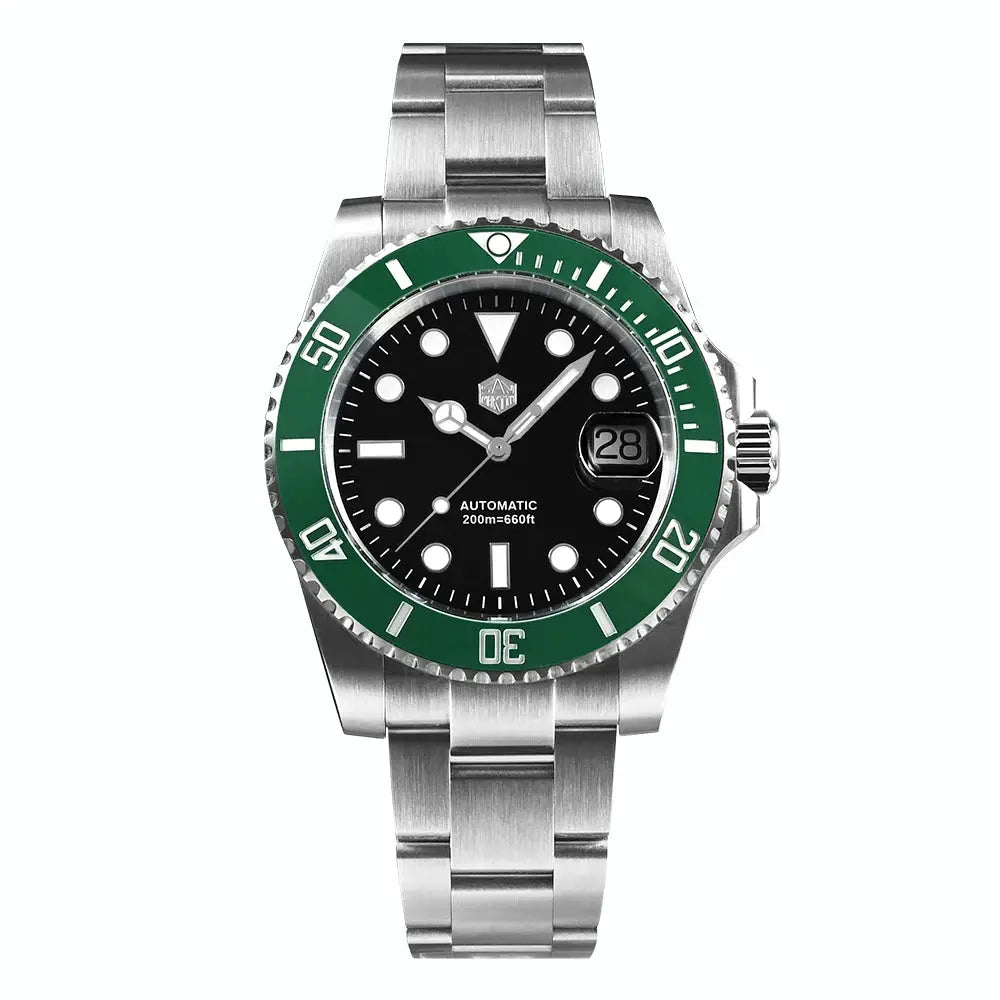 San Martin 40mm Water Ghost Diver Watch, stainless steel bracelet, green bezel, automatic movement, 200m water resistant