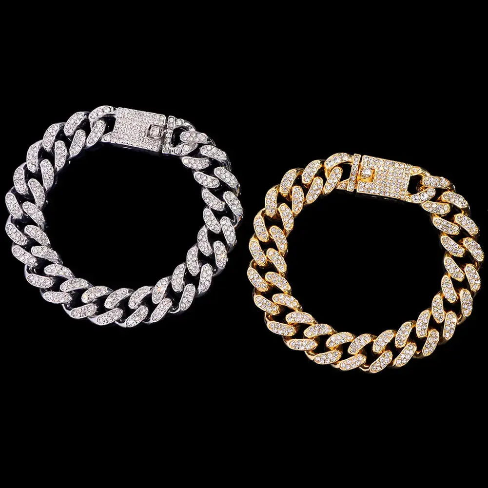 Hip Hop Cuban Link Bracelet for Men and Women Iced Out Rhinestone Gold Silver Color Miami Chain Unisex Jewelry Gift