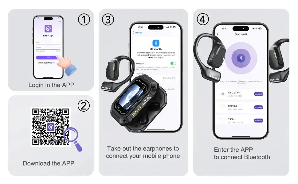 Erazer XP6 AI Translator Earbuds by Simples Market; black wireless buds with green accents and app QR pairing