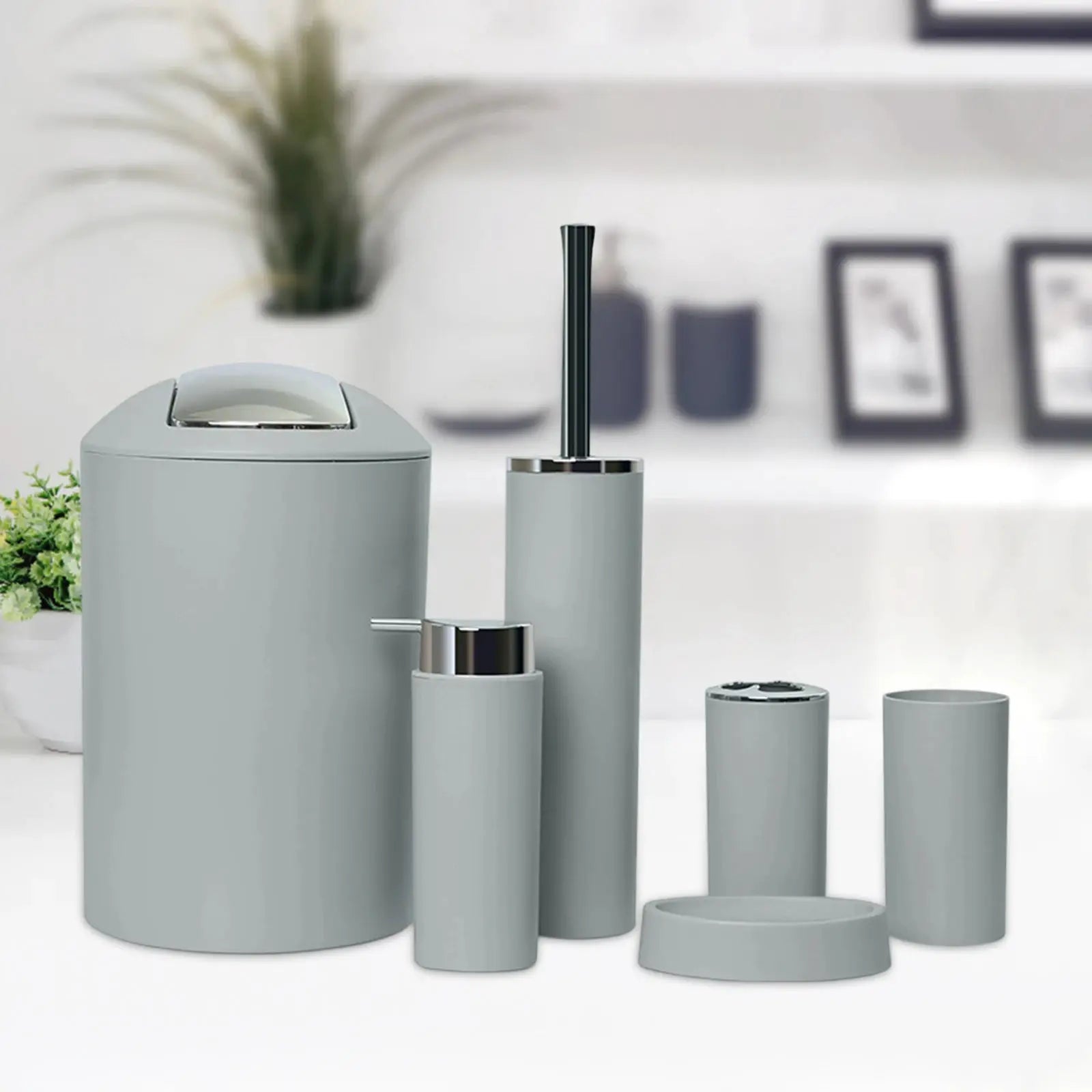 6-piece bathroom set in matte gray: trash can, lotion dispenser, toothbrush holder, soap dish, toilet brush with holder