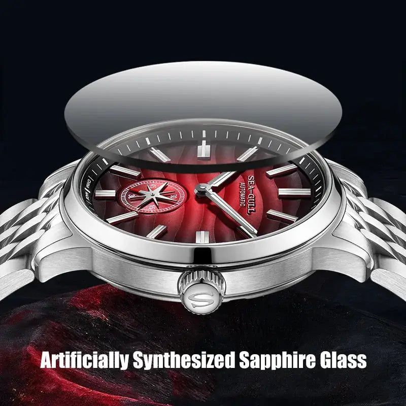 Seagull men's automatic dress watch with red dial, stainless steel case and bracelet, sapphire glass