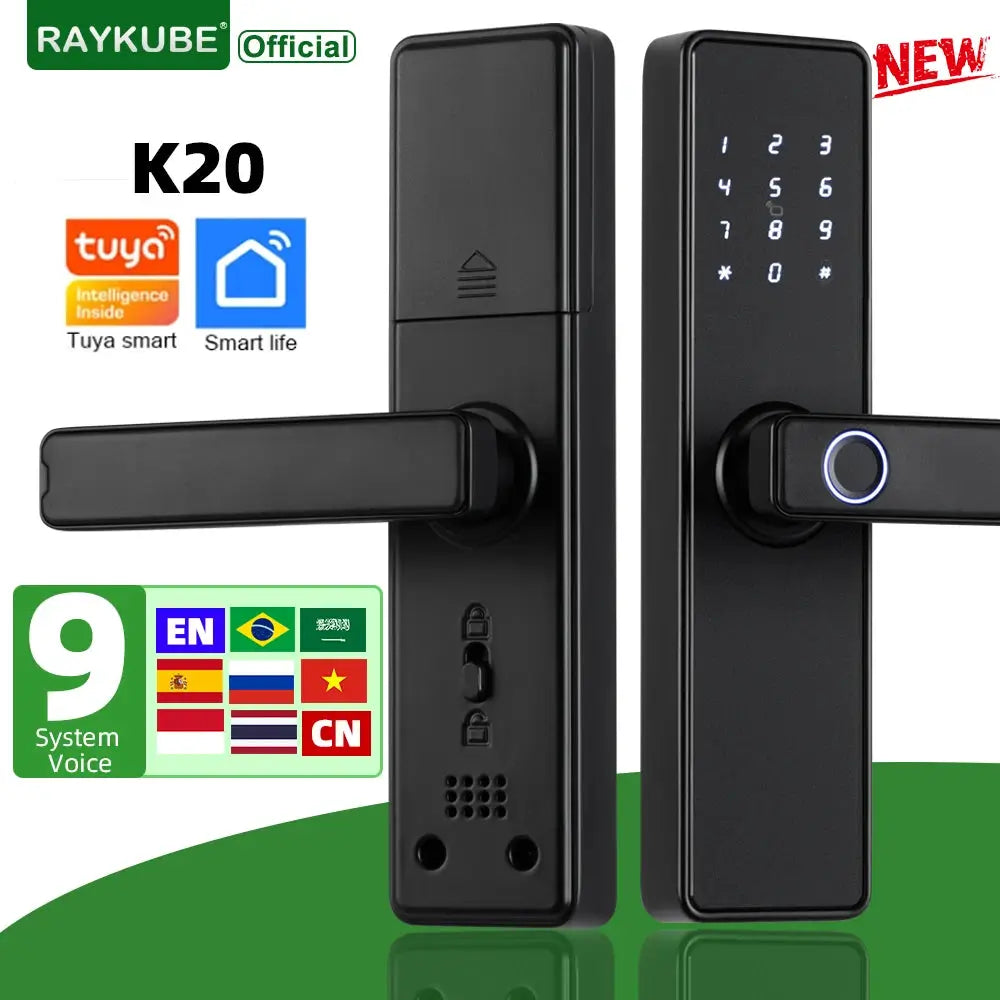 RAYKUBE K20 biometric smart door lock pair, black finish with illuminated keypad; Tuya app compatible
