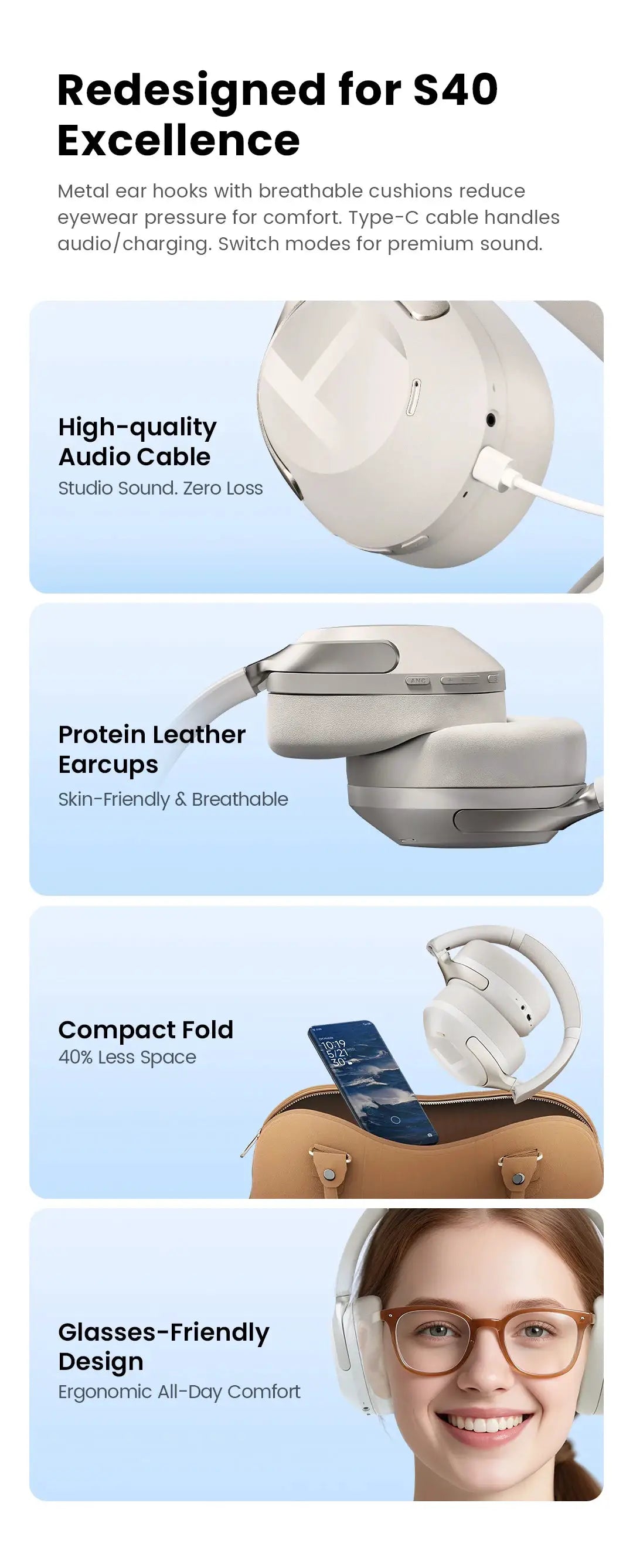 Haylou S40 ANC wireless headphones in white with protein leather earcups and compact fold design