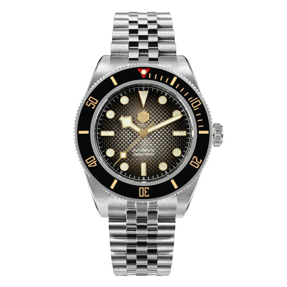 San Martin 40mm BB Diver watch with black bezel, gold-tone markers and stainless steel bracelet
