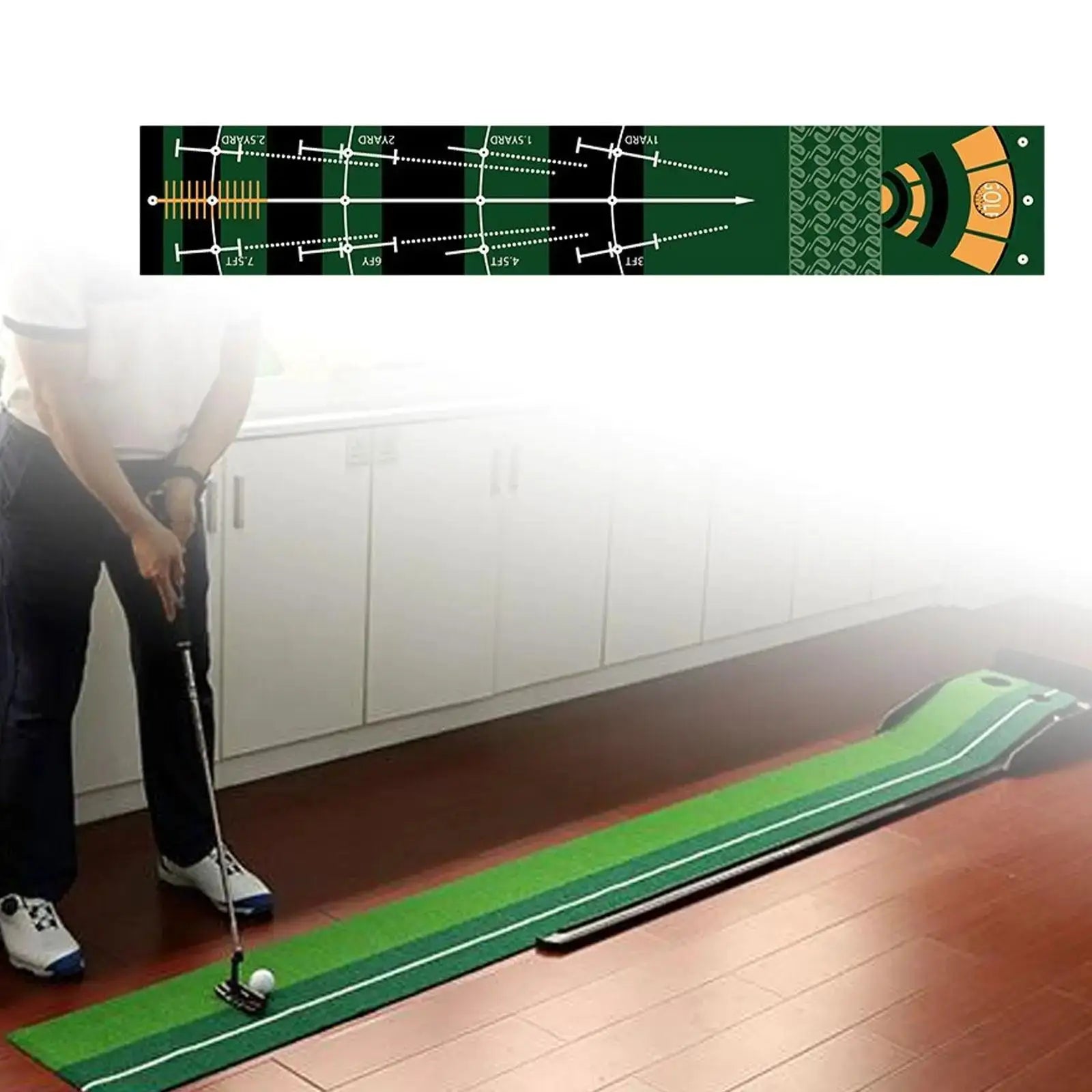 Golf putting mat, green portable training aid with alignment lines and 2 balls on hardwood floor.