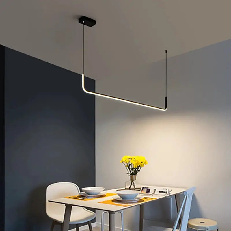 Modern LED strip chandelier pendant in gold finish, L-shaped ceiling light for dining room