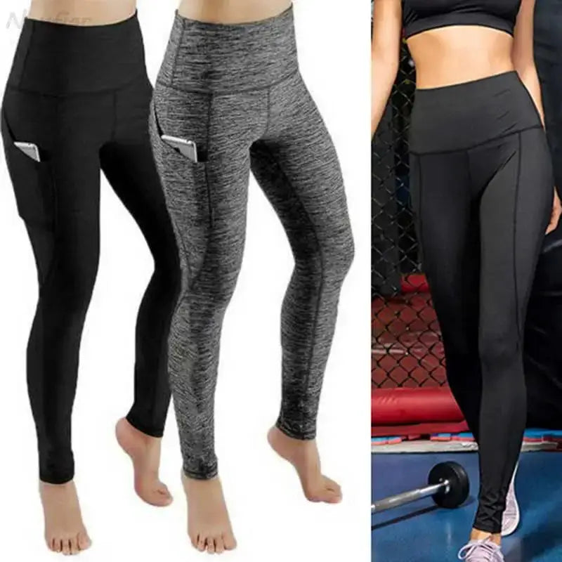3 women's high-waist workout leggings in black, grey marled, and black panel styles with side pockets