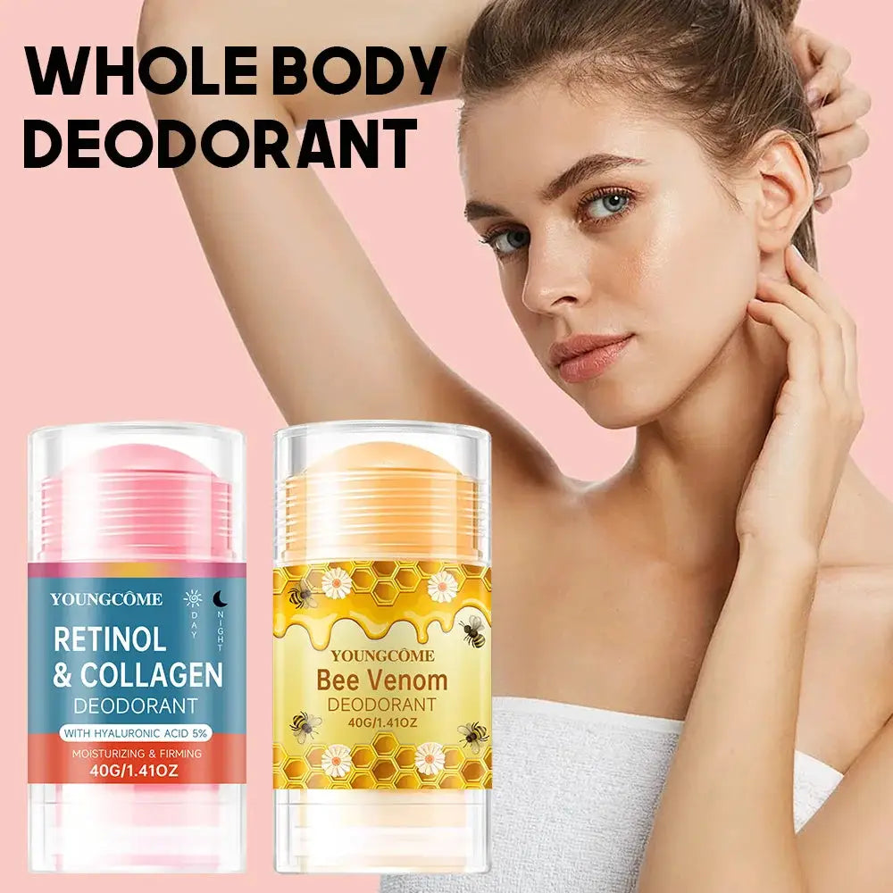 Women’s deodorant sticks by YoungCome: blue Retinol & Collagen and yellow Bee Venom, 2-pack, long-lasting fragrance.