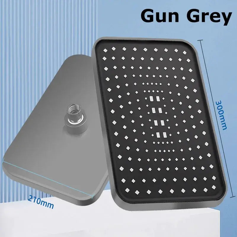 Simples Market gun-grey overhead rain shower head, large 300mm by 210mm, 360° rotation.