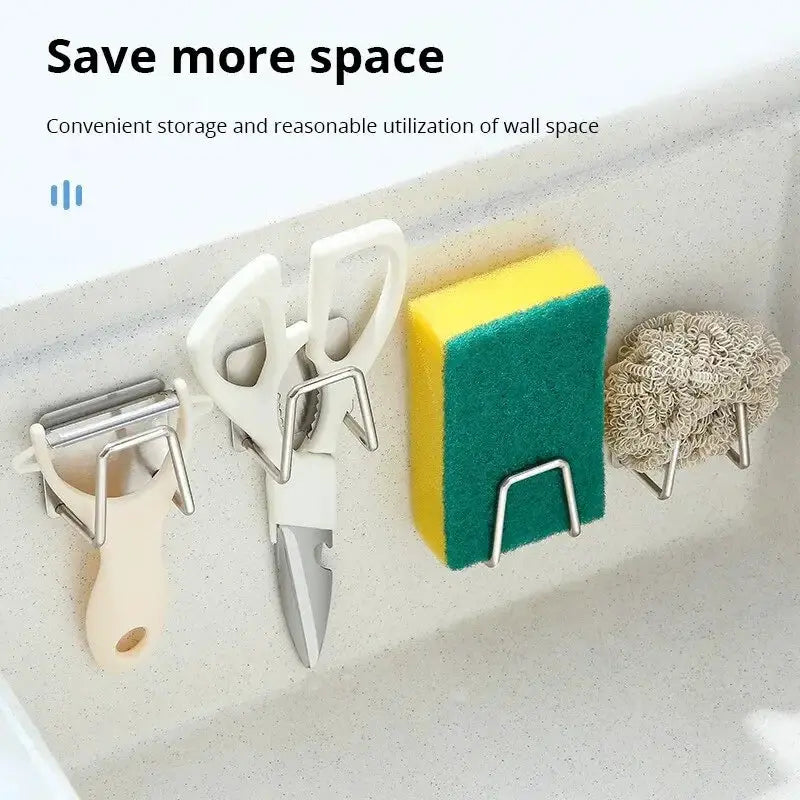 Kitchen stainless steel sink sponge holder and adhesive wall rack with hooks for sponge, brush, knife and scissors