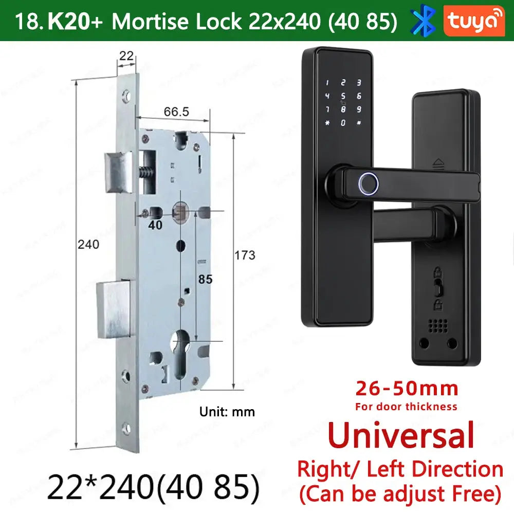 Simples Market RAYKUBE K20 biometric black smart door lock with fingerprint, IC card, password, Tuya app
