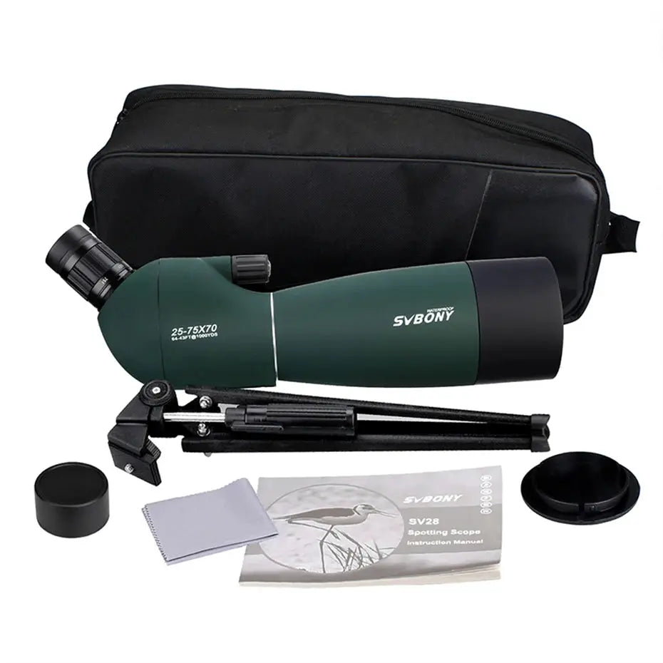 SVBONY SV28 spotting scope in green with tripod, lens caps, manual, and carrying case