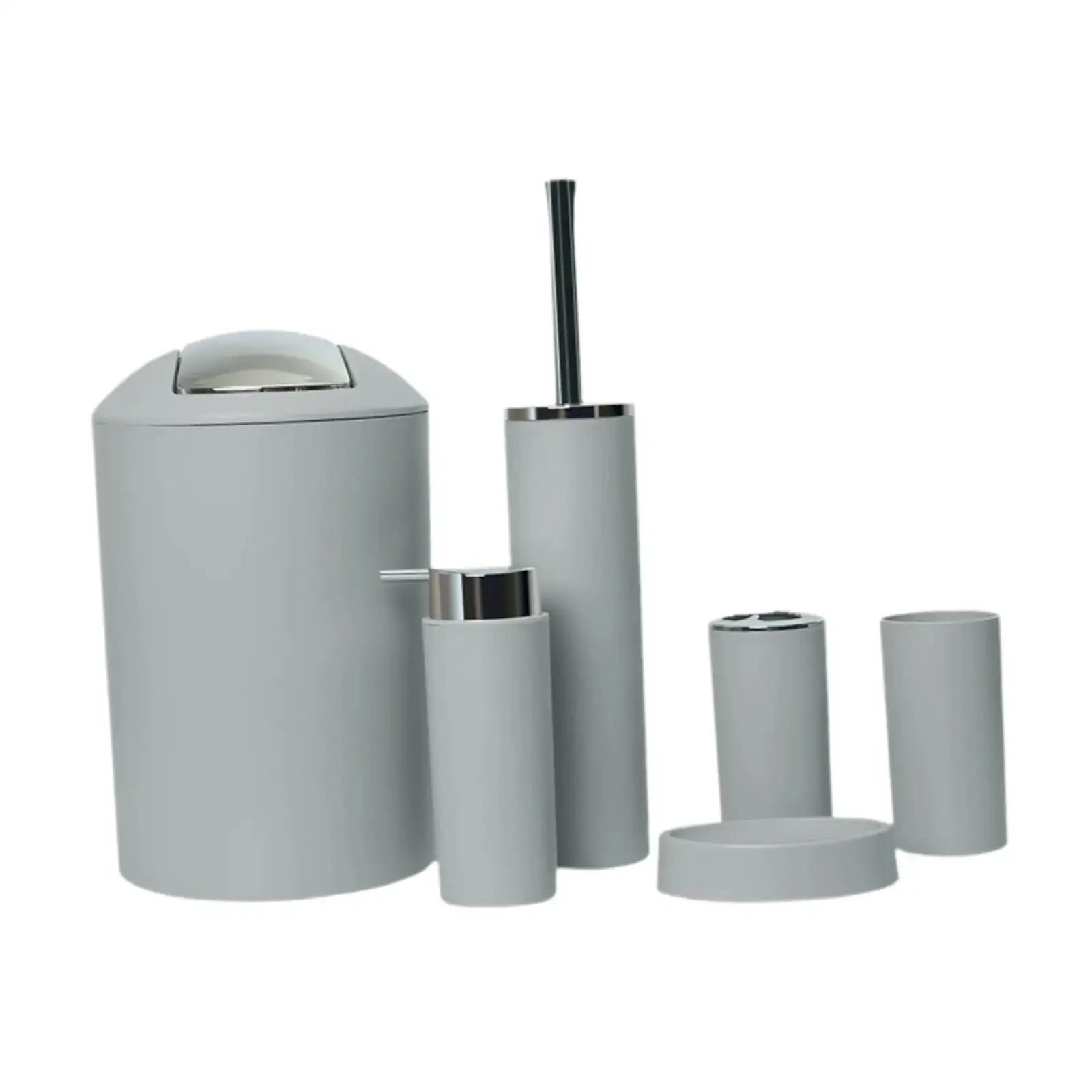 6-piece gray bathroom set from Simples Market with chrome accents: trash can, lotion dispenser, toothbrush holder