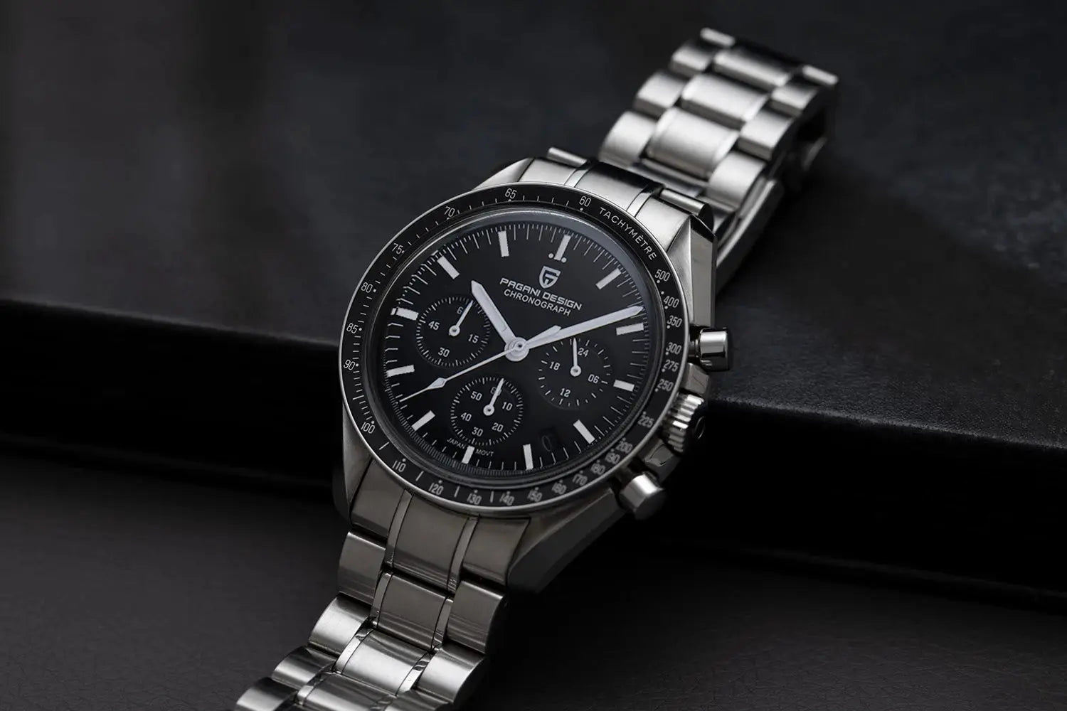 PAGANI DESIGN men's chronograph watch with stainless steel bracelet, black dial and tachymeter bezel