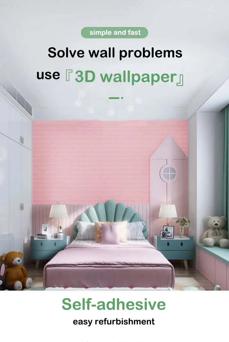 3D brick-pattern wall panels wallpaper in pink, self-adhesive, 70cm by 1m for living room/bedroom
