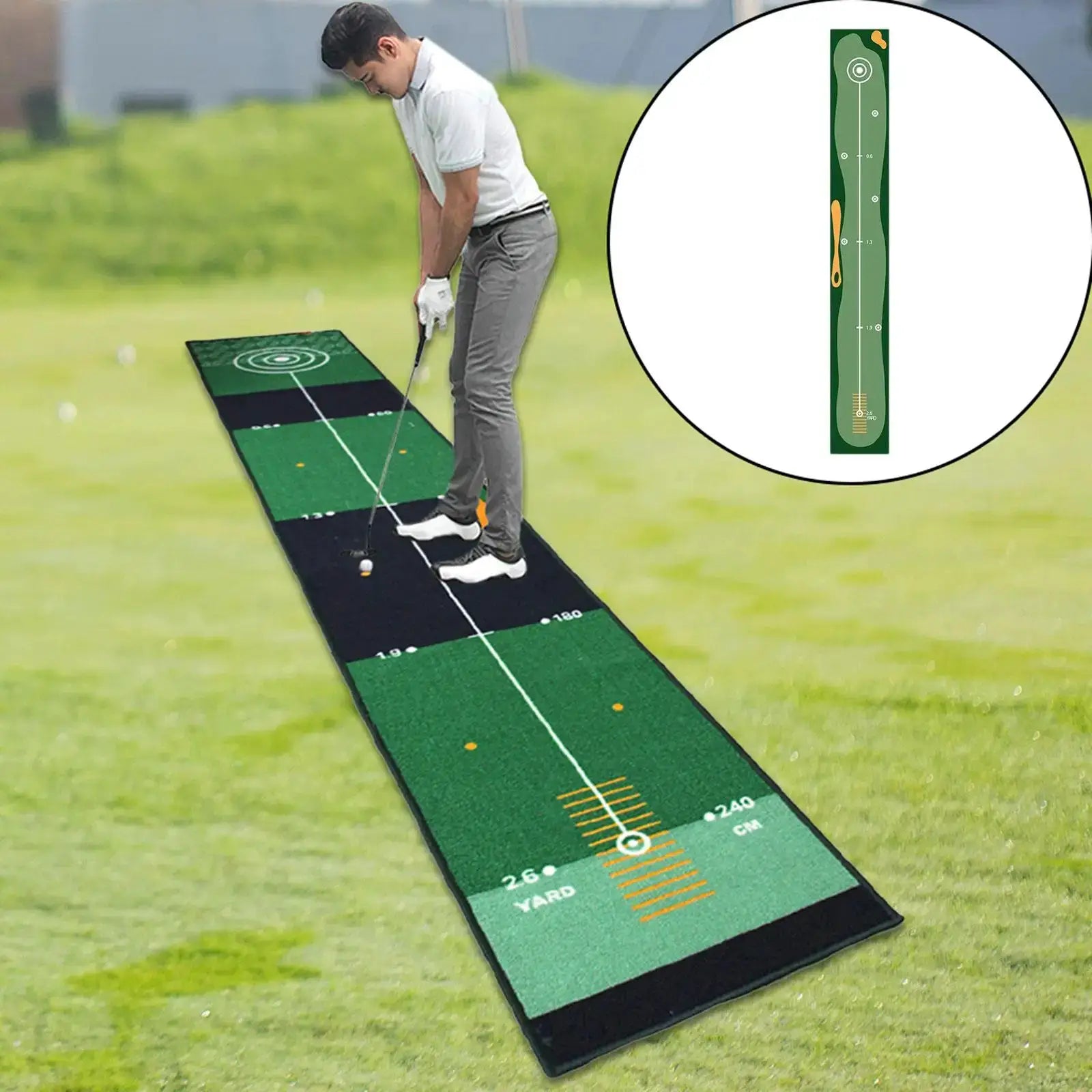 Golf putting mat by Simples Market; portable green training aid with yard markers and circular target.