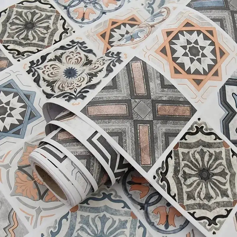 Simples Market tile 3D waterproof cabinet wallpaper; self-adhesive PVC vinyl with geometric tile patterns in gray and blue.