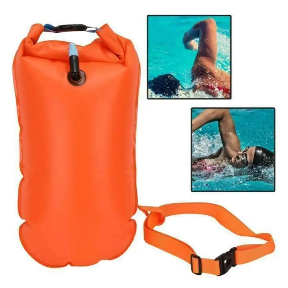 Inflatable Open Water Swimming Buoy Tow Float Dry Bag With Double Air Chambers And Adjustable Waist Belt