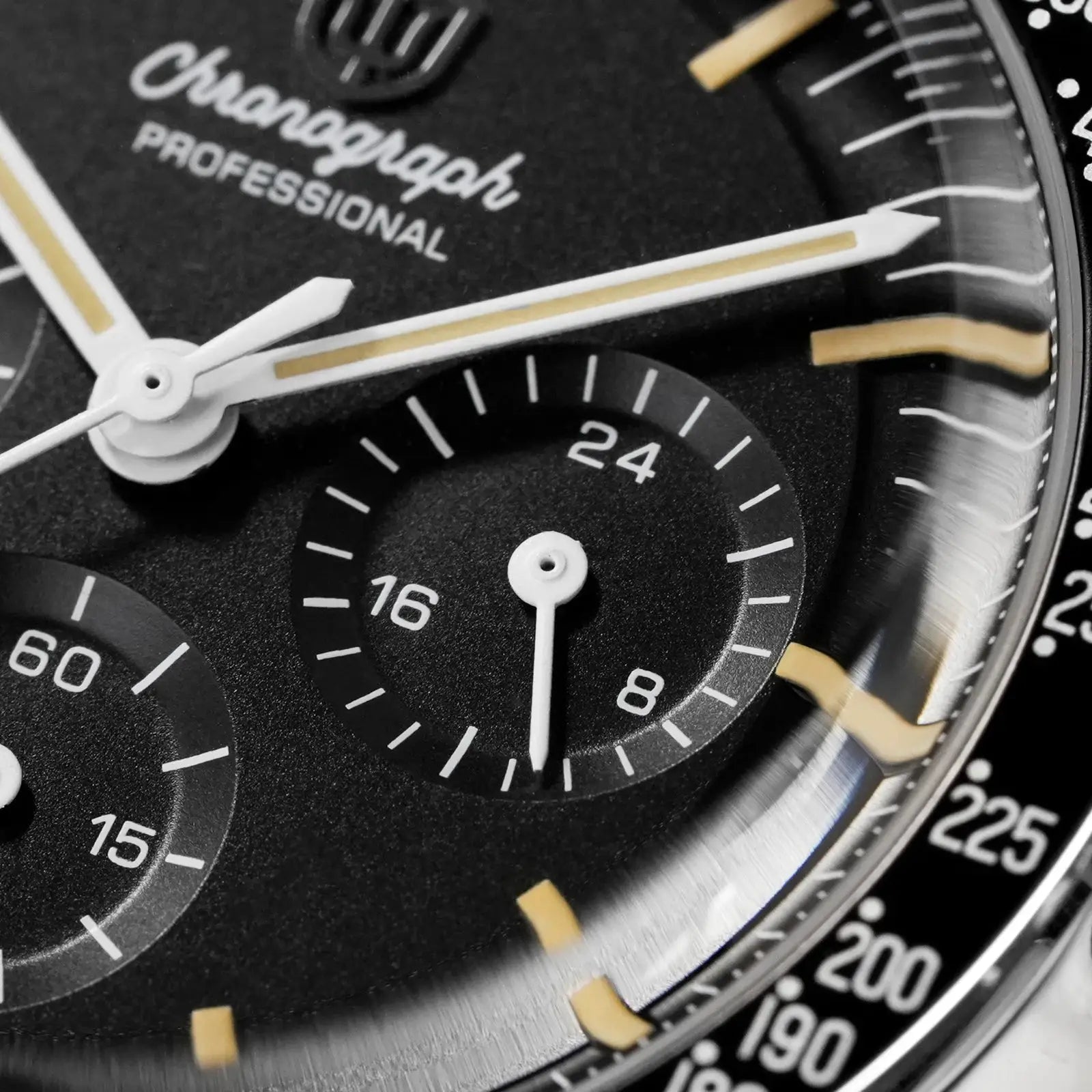 Watch dial close-up showing Chopard Professional chronograph with black face, white hands, tachymeter bezel