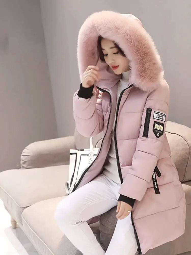 SnowMist Winter Fur Collar Hooded Parka for Women with Thick Warm Insulation and Zipper Pockets