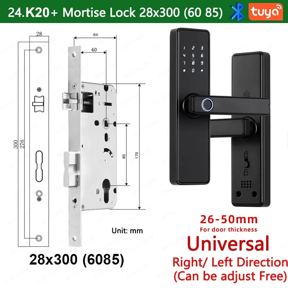 RAYKUBE K20 biometric smart door lock, Tuya-compatible, black with fingerprint keypad and IC card unlock