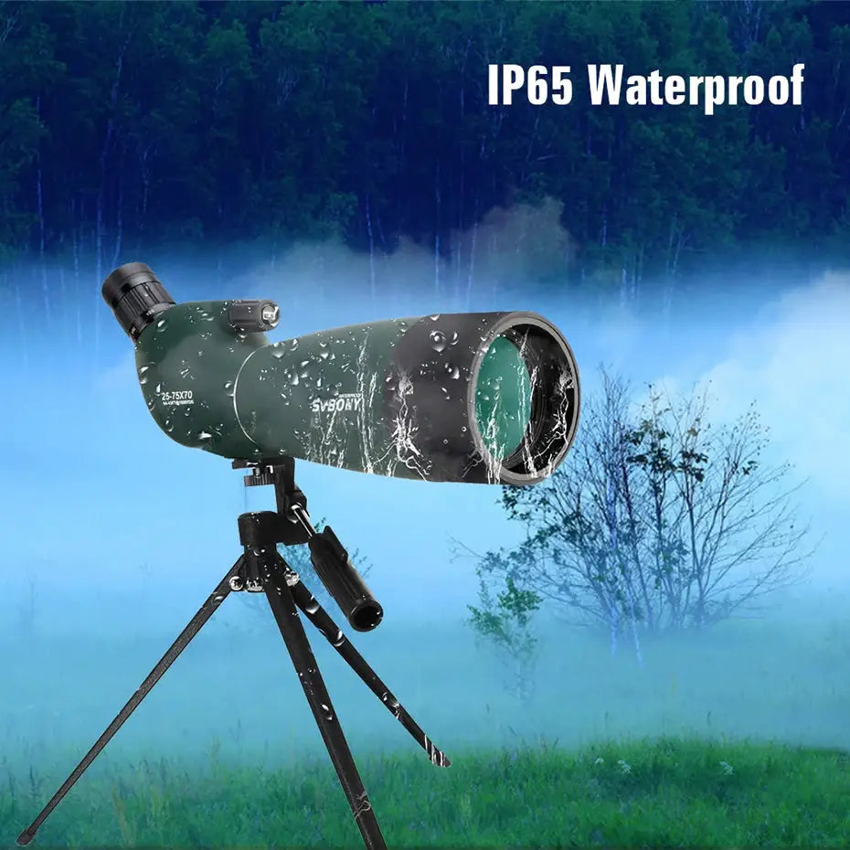 SVBONY SV28 spotting scope on a tripod, green body with black accents, IP65 waterproof