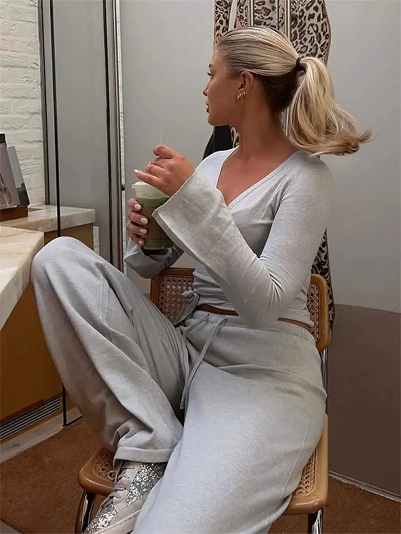 Absobe 2 Piece Leisure Suit Women Flare Sleeve Crop Cardigan Pants