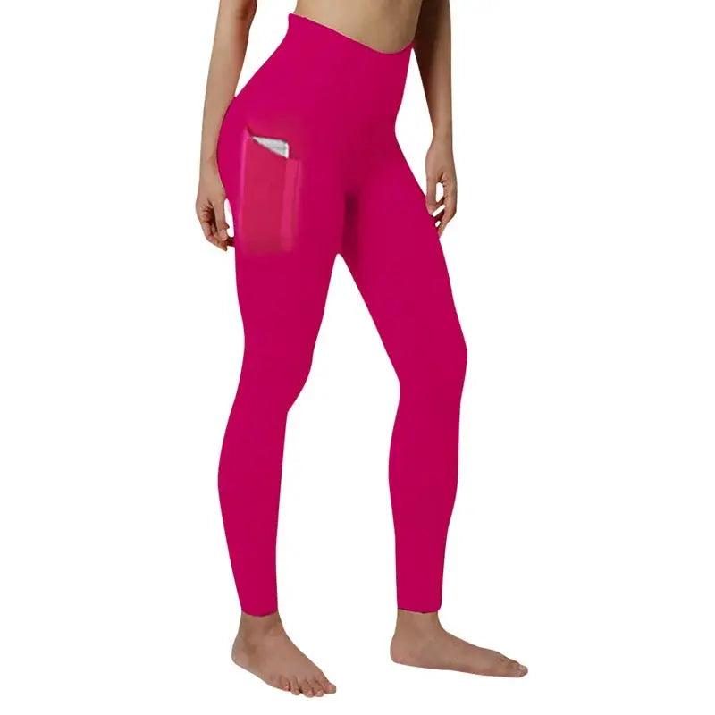 Women's high-waist pink yoga leggings with pocket, seamless gym compression tights