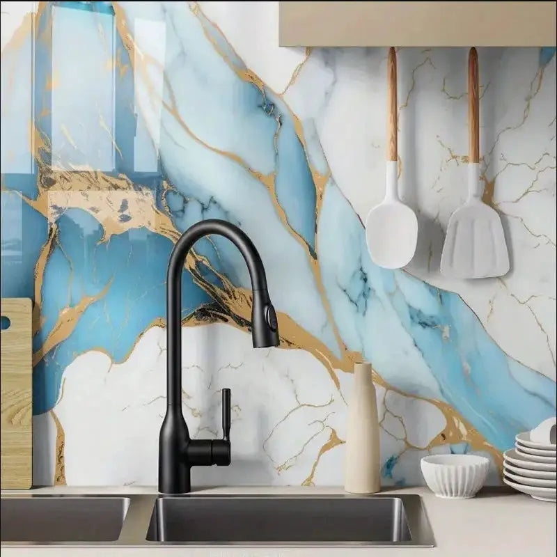 40cm kitchen self-adhesive wallpaper blue marble with gold veins, PVC waterproof for cabinets and countertops