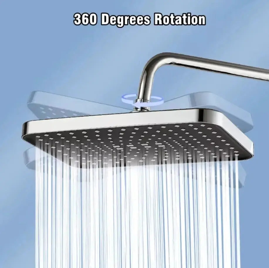 Chrome overhead rainfall shower head with 360° rotation and high-pressure, high-flow design