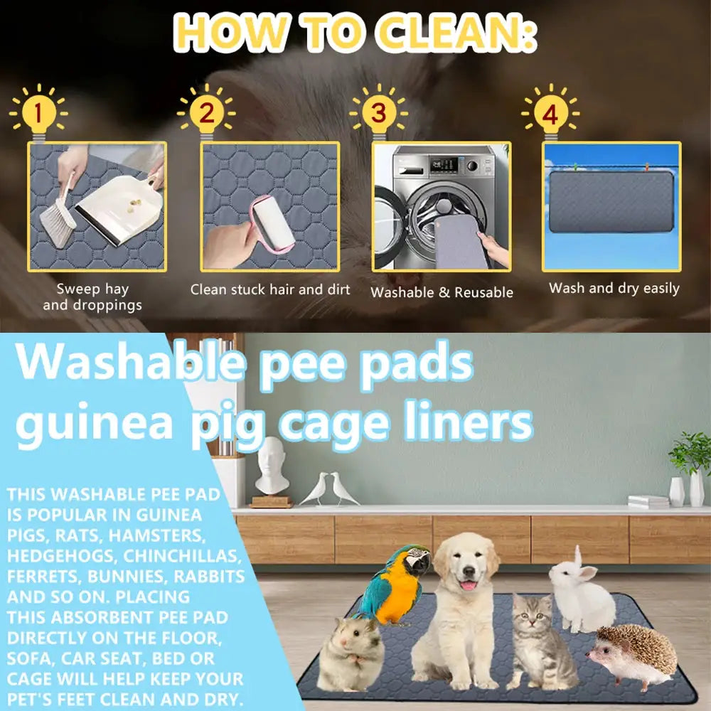 Guinea pig cage liner; blue quilted, washable pee pad for small animals, with several pets pictured.