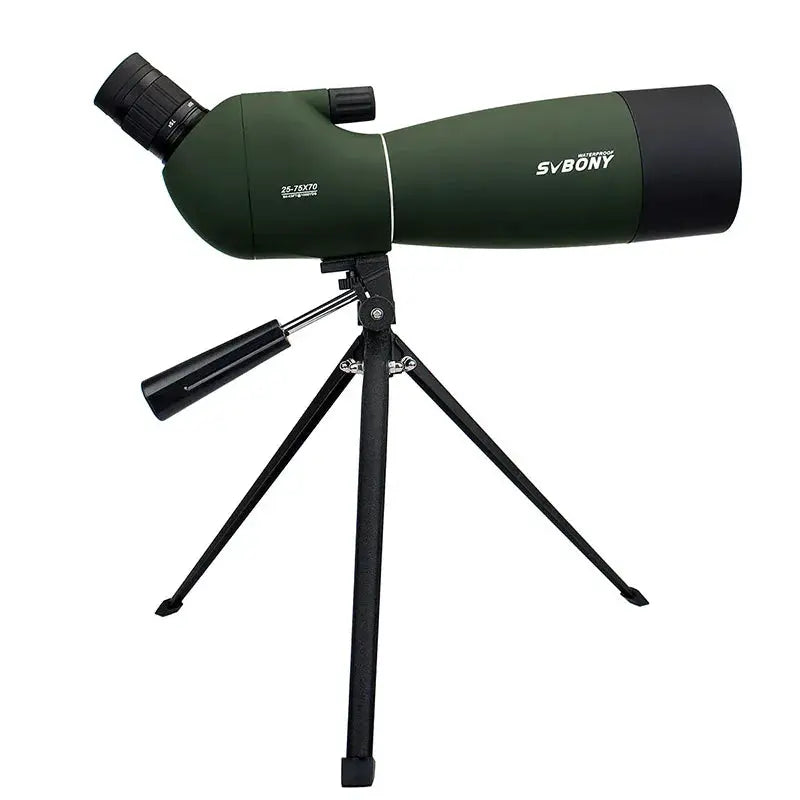 SVBONY SV28 spotting scope on tripod; green body, black eyepiece, waterproof