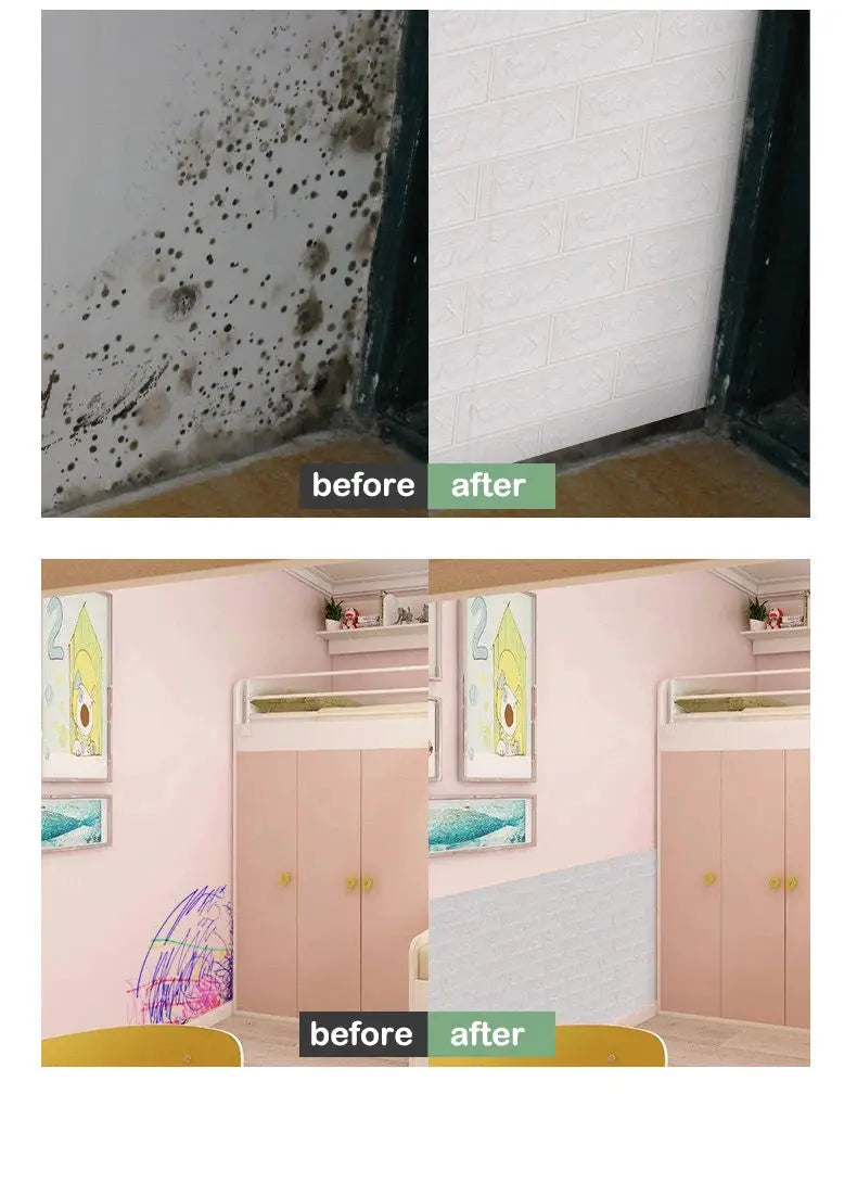 Simples Market 3D brick-pattern wallpaper panels, waterproof DIY wall decor; before-and-after wall transformation shown.