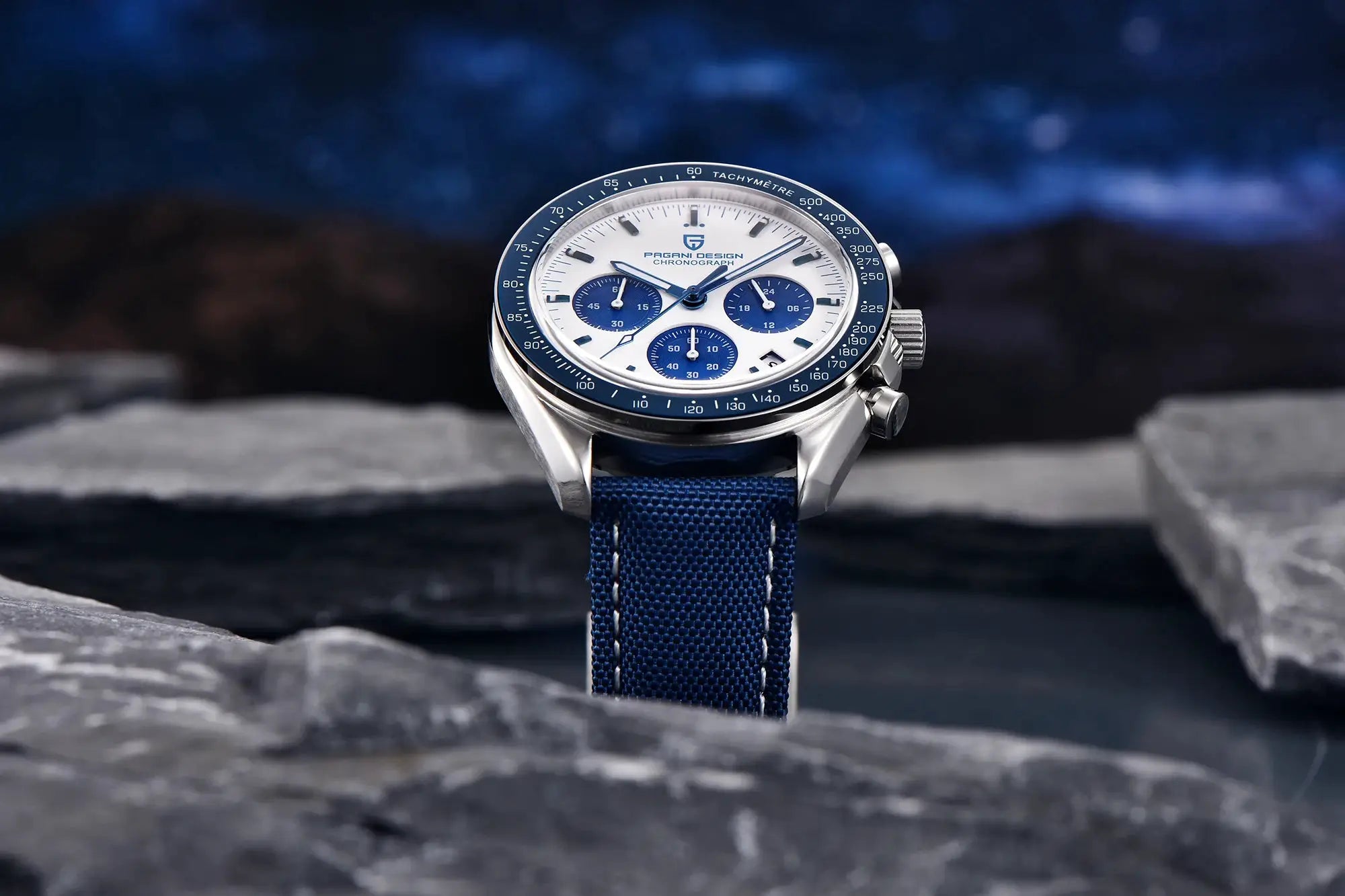 Pagani Design men's chronograph watch with blue dial, blue bezel and blue fabric strap