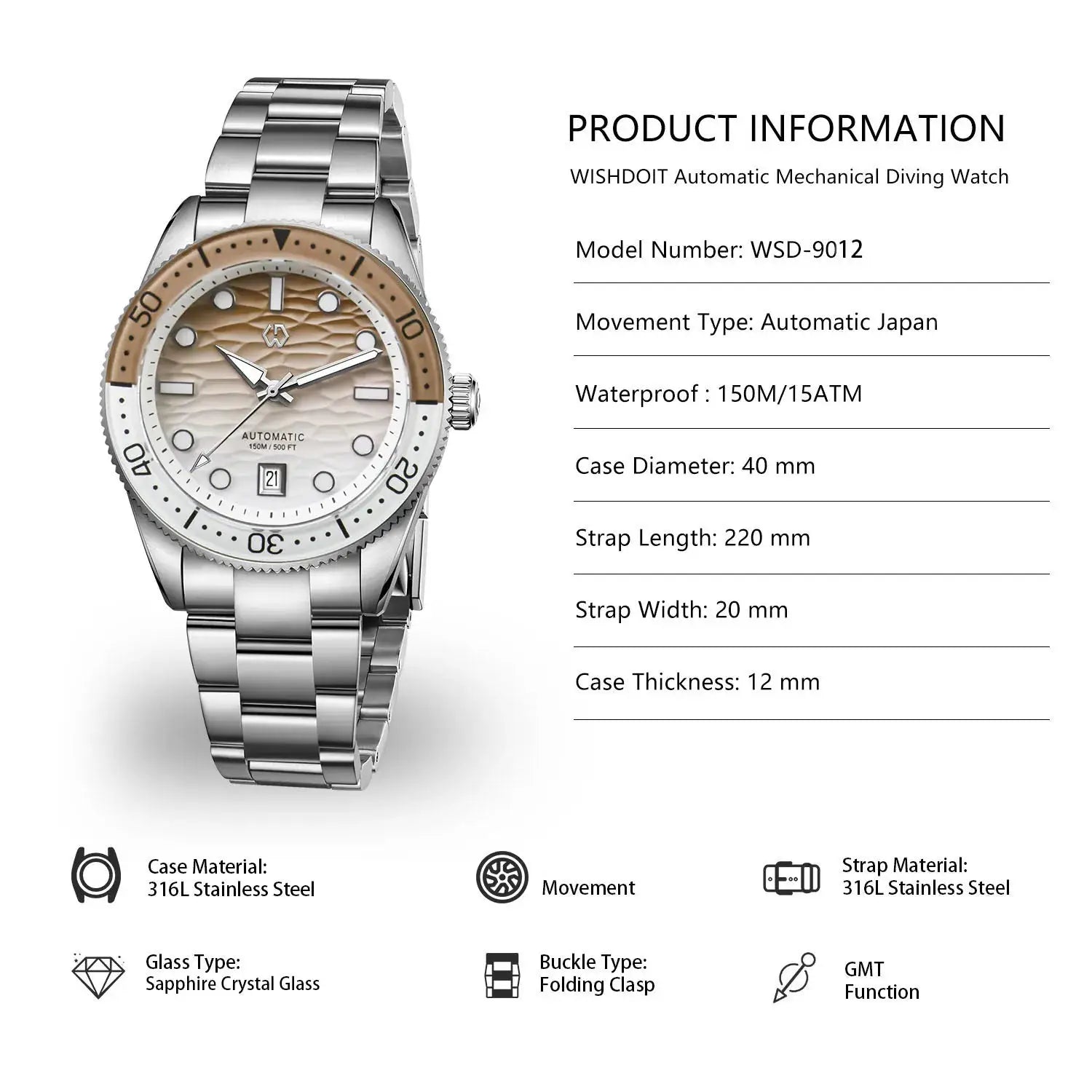 WISHDOIT automatic dive watch by Simples Market, ocean blue and white ripple dial, stainless steel bracelet