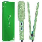 Simples Market emerald-green rhinestone titanium hair straightener with 2-inch plates, LCD display, dual voltage