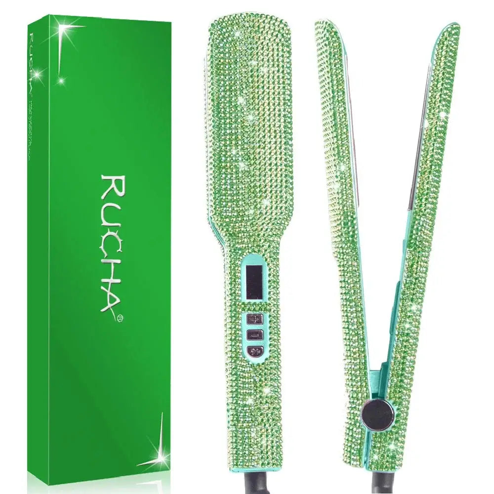 Simples Market emerald-green rhinestone titanium hair straightener with 2-inch plates, LCD display, dual voltage
