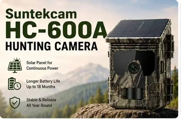 Suntekcam HC-600A hunting camera with solar panel and camo body for outdoor use