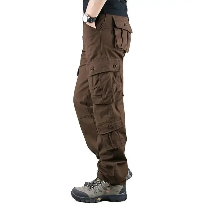 Men's tactical cargo pants in brown cotton with multiple pockets for work and training