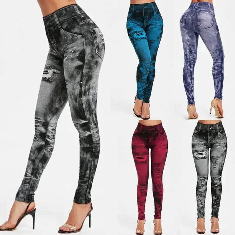 VivaFlex Women Imitation Jeans Stretch Leggings High Waist Slim Push Up Fit All Day Comfort