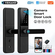 Two black YRHAND H01 electronic smart door locks by Simples Market with biometric camera and fingerprint reader