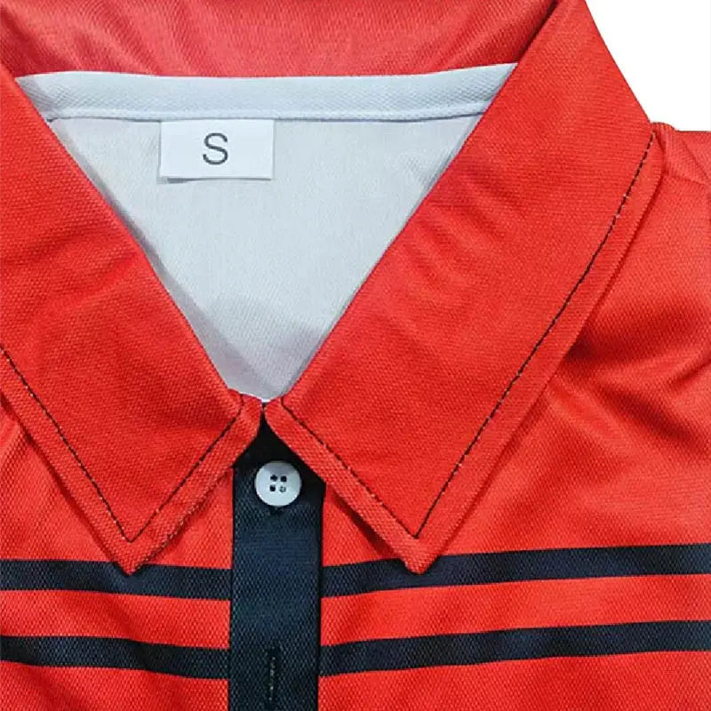 Men's red rugby polo shirt with navy stripes, collared, short sleeves