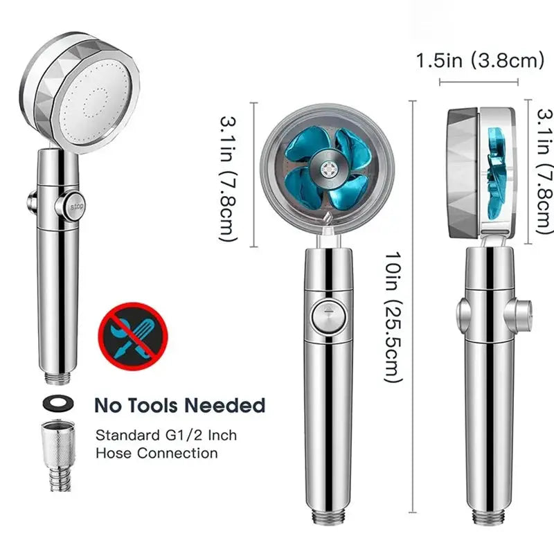 360° rotation turbo shower head by Simples Market, chrome handheld with blue turbine, water-saving spray
