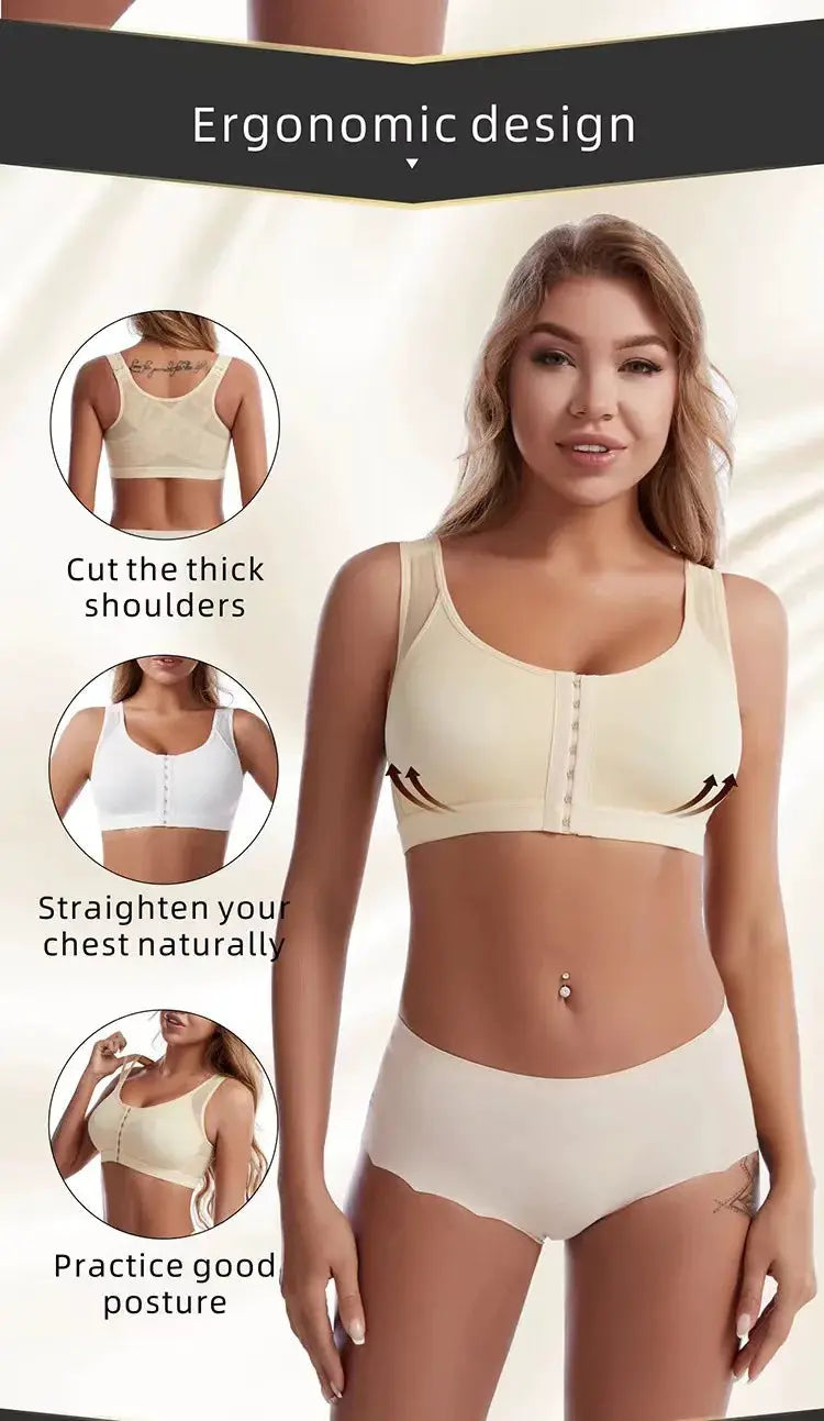 Large-size front-closure wireless bra in beige, unlined bralette