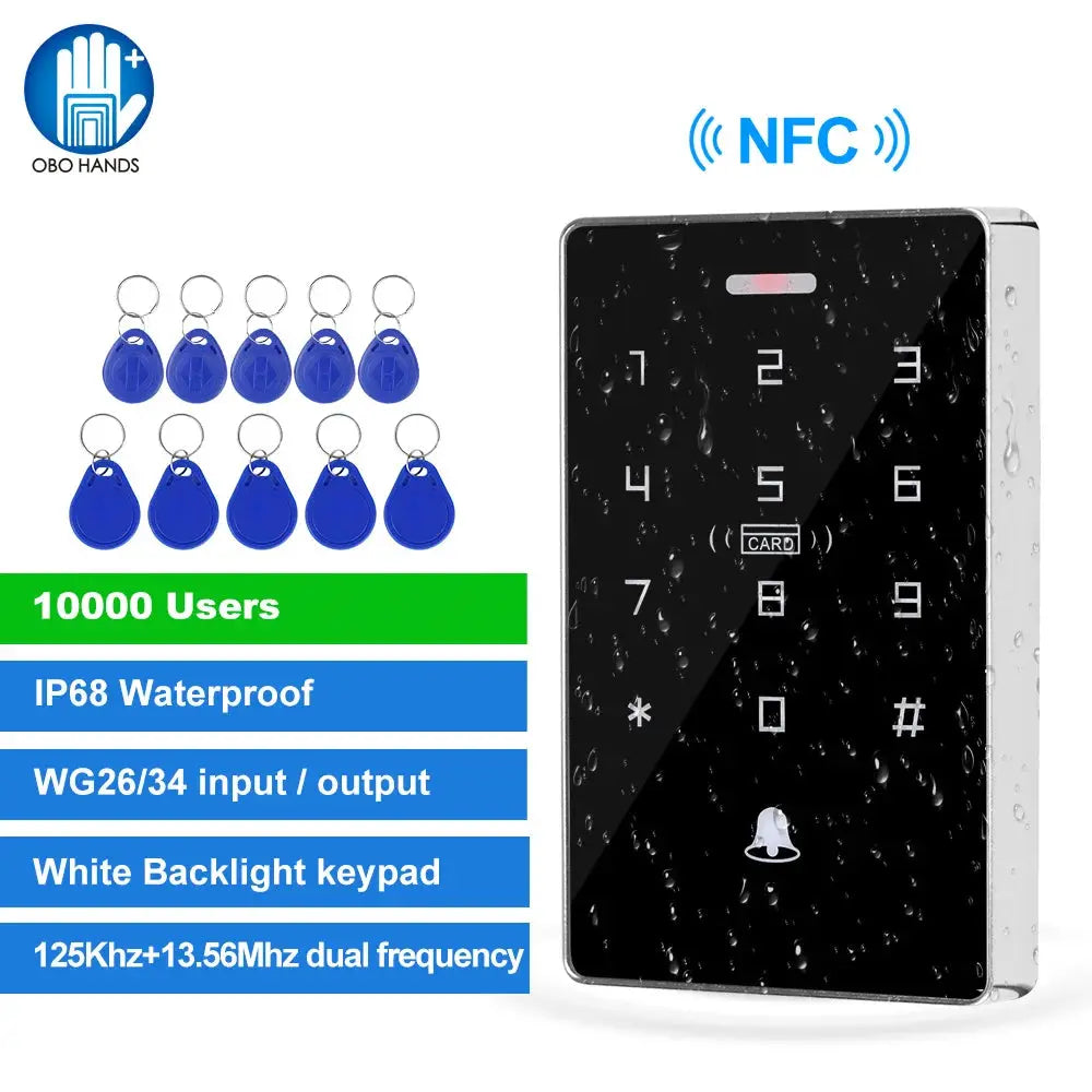 Outdoor access control kit by OBO HANDS with 12 RFID fobs, waterproof keypad, 180kg magnetic lock, 125KHz/13.56MHz NFC