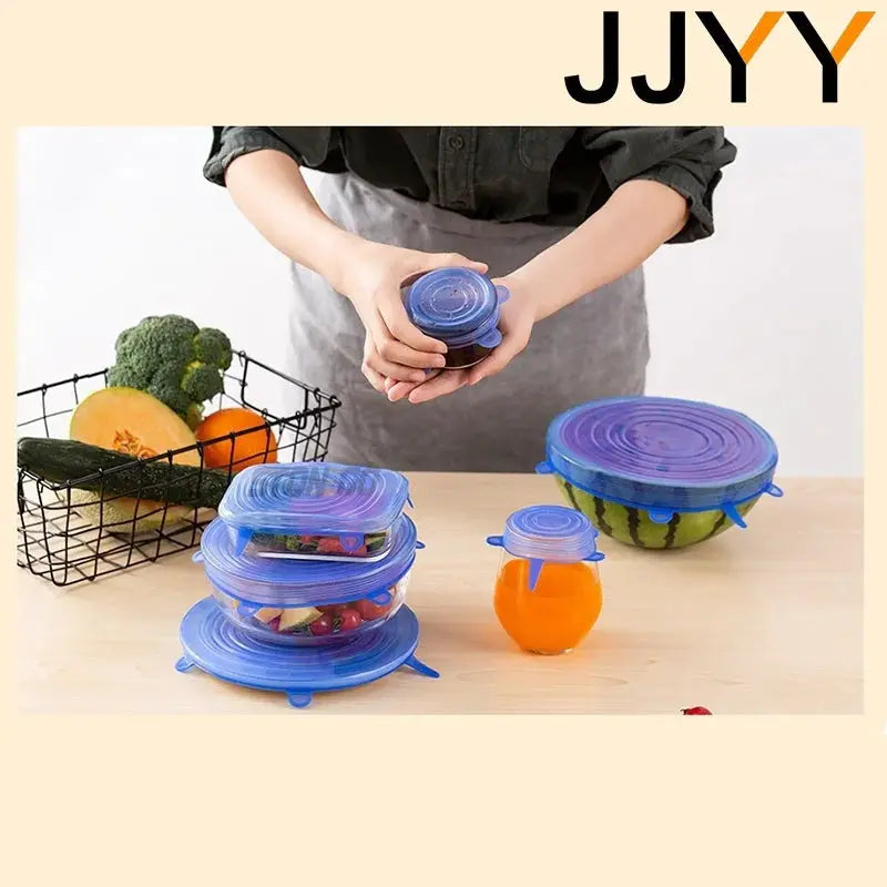 Silicone stretch lids set in blue; universal round/square lids for bowls and pans in various sizes, JJYY