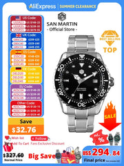 San Martin diver watch with stainless steel bracelet, black dial, unidirectional bezel, date window, automatic movement